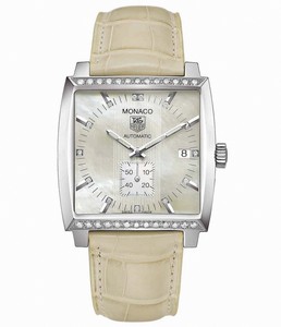 TAG Heuer Monaco Automatic Mother of Pearl Diamond Dial Diamond Bezel Cream Leather Watch # WW2114.FC6215 (Women Watch)